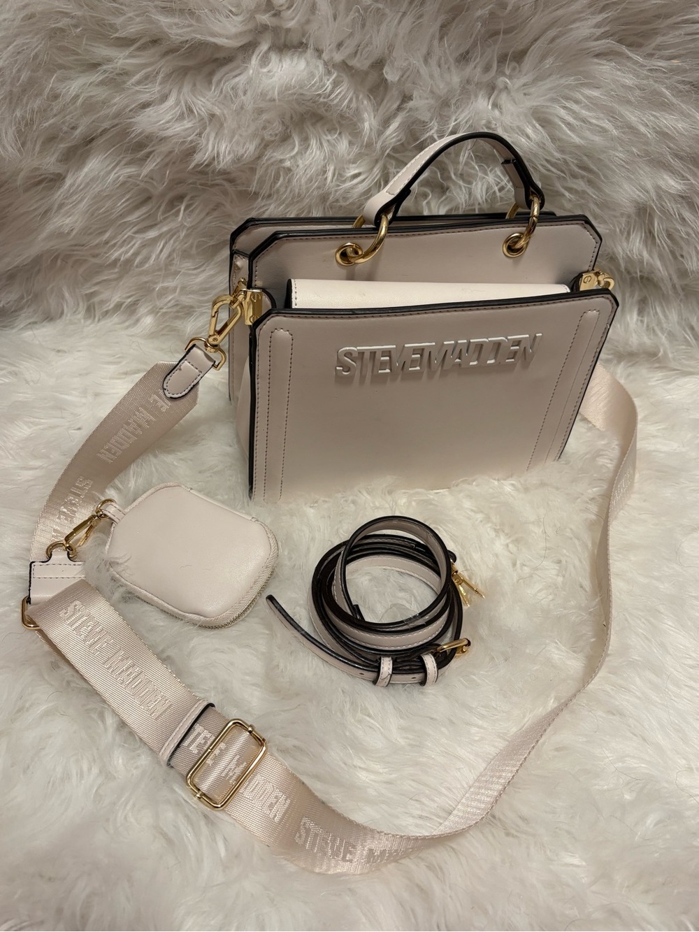Steve Madden Cream/Black Top-Handle Satchel with Detachable Strap